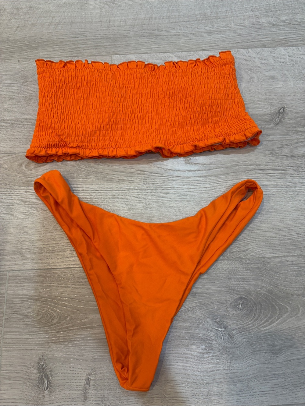 Smocked Bandeau Bikini Top and High-Cut Bottoms - Orange
